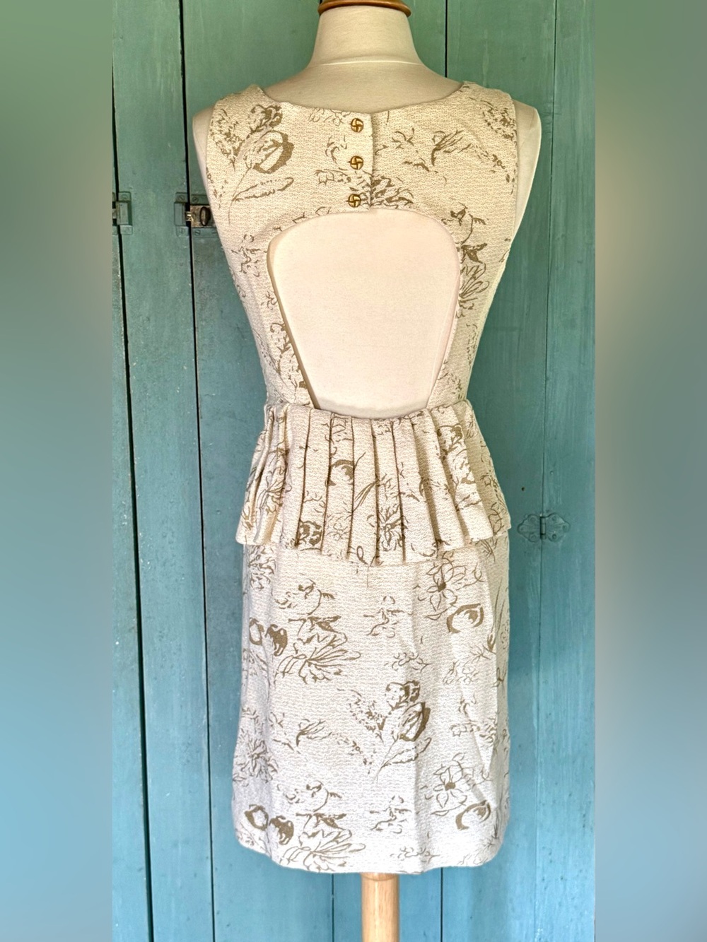 Moulinette Soeurs Sheath Dress Brocade Jacquard Cream Gold Peplum Open Back 6